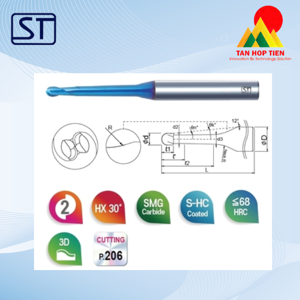 Dao Phay Ngón Cầu Cổ Côn Hợp Kim 2BTH 2F - Chuyên Gia Gia Công Thép Siêu Cứng (Đến ~68 HRC)
