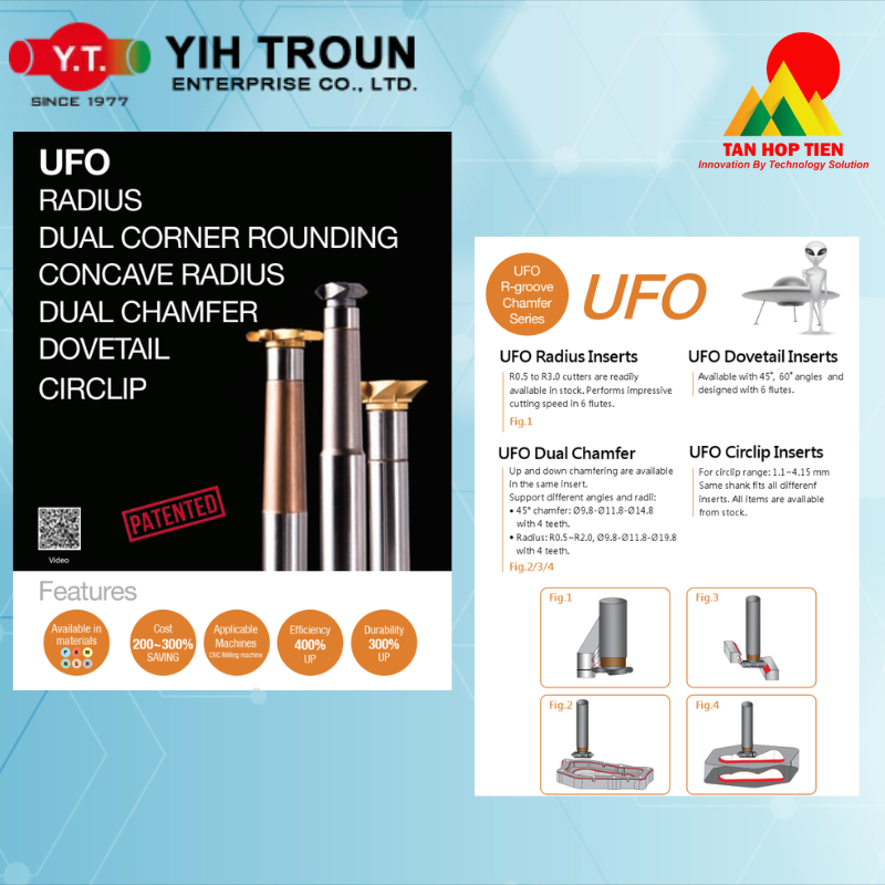 Đầu Dao Phay Định Hình Y.T UFO Series: Giải Pháp Gia Công Rãnh R, Vát Mép, Vòng Hãm Chữ C & Đuôi Én Đa Năng